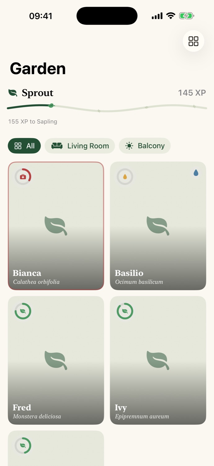 Garden screen with plant cards, health rings and botanist level